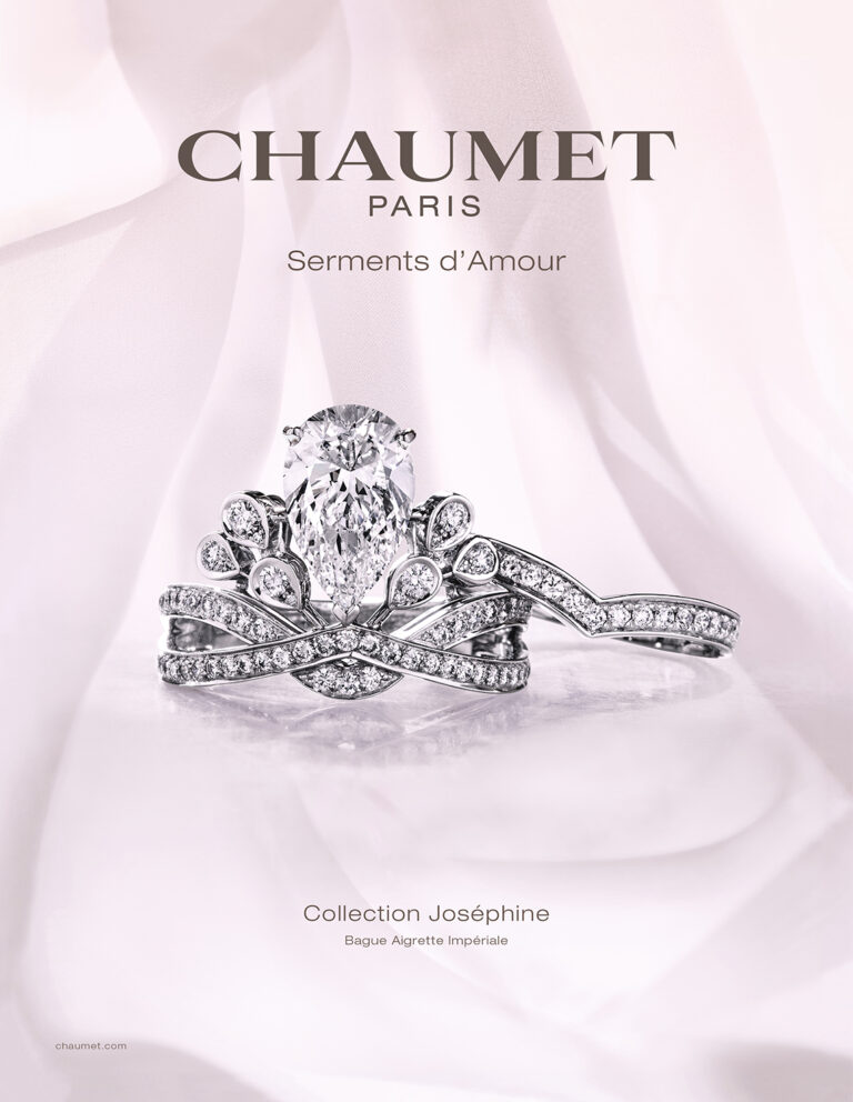 Publicité Chaumet Collection Joséphine- représente une bague avec plusieurs diamant appelée Bague Aigrette impériale